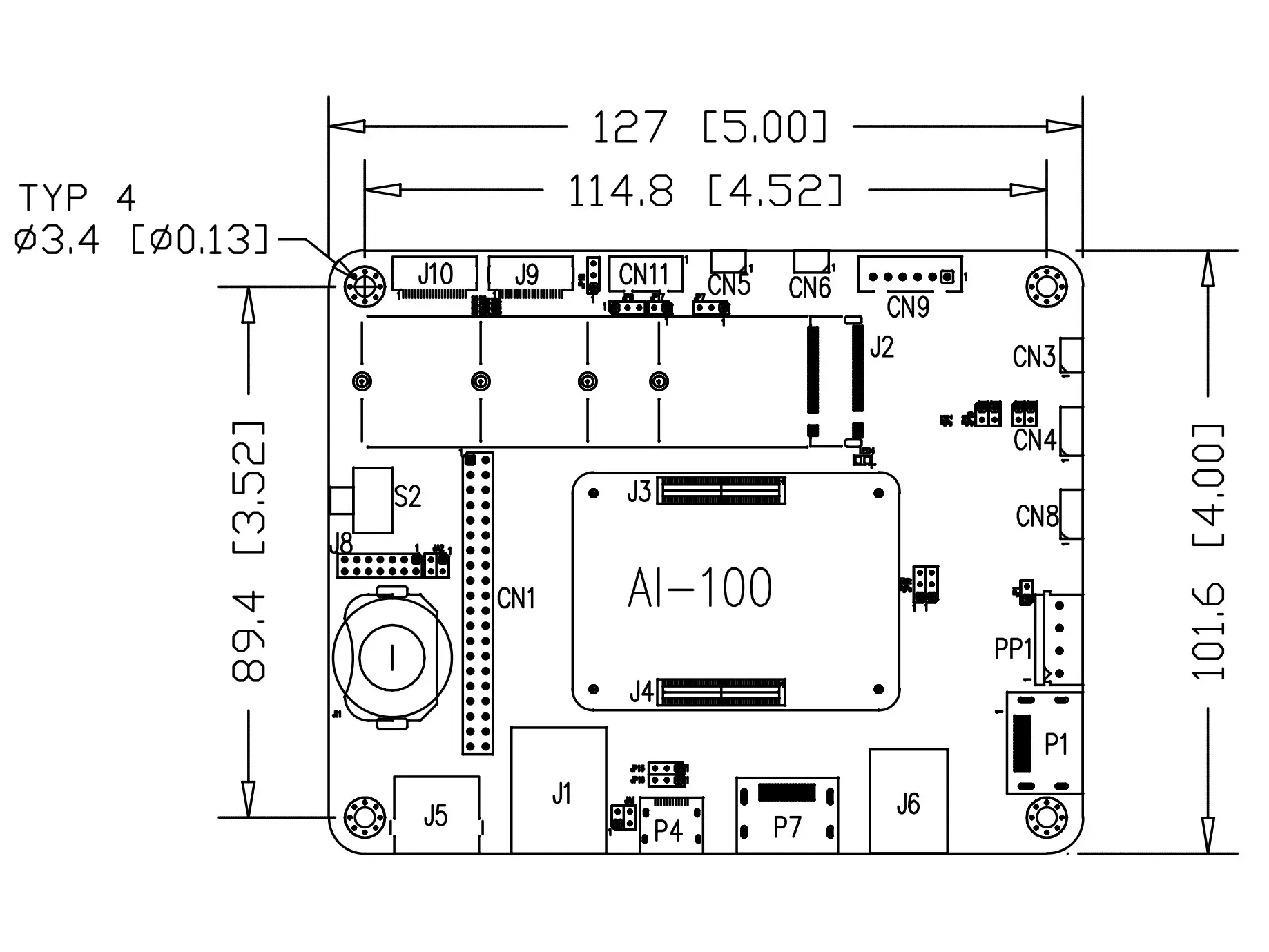 Mechanical drawing of the AI-100 board