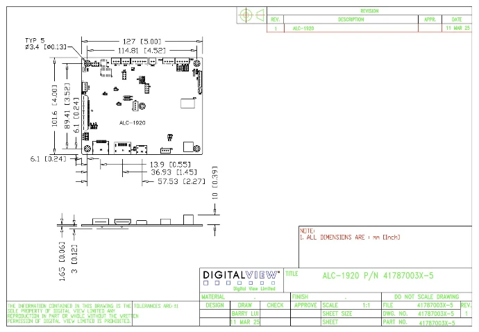 Dimensional drawing of the Digital View ALC-1920 LCD controller board. The plan view gives the board as 127.0 by 101.6 mm (5.00 by 4.00 inches) with five 3.4 mm mounting holes on a 114.81 by 89.41 mm pattern, and locates the connectors along the board edges. A side elevation gives a maximum component height of 10 mm above the 1.65 mm board. All dimensions in millimetres with inches in brackets. Digital View drawing 41787003X-5.