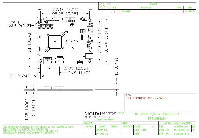 DT-4096 dimensional drawing. Board 107.44 x 91.44 mm with four mounting holes, showing connector positions and overall height, dimensioned in millimetres and inches.