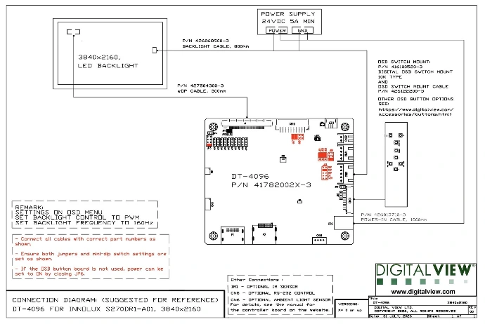 Example connection diagram for the DT-4096, showing the controller board wired to an LCD panel, backlight and power supply. Links to the Digital View Controller Solution Generator, where diagrams are matched to a specific panel.