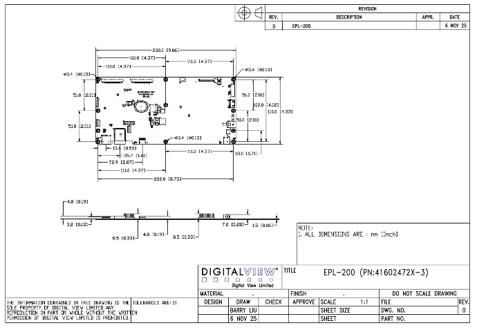 EPL-200 dimensional drawing. Board is 230.0 by 110.0 millimetres with a maximum component height of 8.5 millimetres, showing connector positions and eight 3.4 millimetre mounting holes on a 111.0 millimetre pitch.