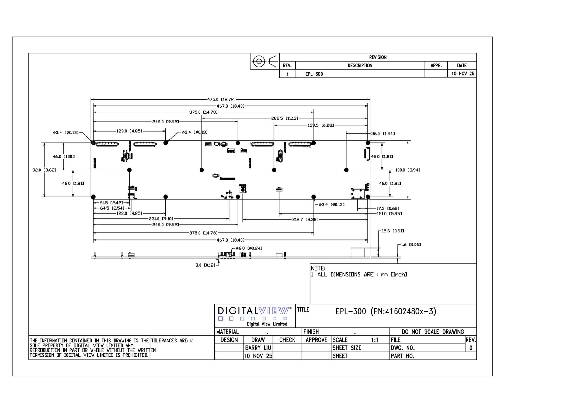 EPL-300 dimensional drawing, rev 1. The board is 475.0 by 100.0 millimetres, 1.6 millimetres thick, with a maximum component height of 15.6 millimetres. Four 51-way FFC panel connectors run along the top edge; mounting holes are 3.4 millimetres diameter. Part number 41602480x-3.