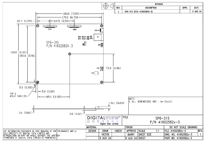 SP6-315 dimensional drawing. The board is 180.0 by 160.0 millimeters with four corner mounting holes 3.4 millimeters in diameter on a 170 by 150 millimeter span, inset 5 millimeters from each edge.