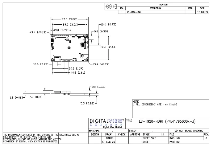 LS-1920-HDMI dimensional drawing. The board is 97.0 by 70.0 millimeters, 11 millimeters deep, with five 3.4 millimeter mounting holes on an 89.0 by 62.0 millimeter span. Connector positions are shown on all four edges.