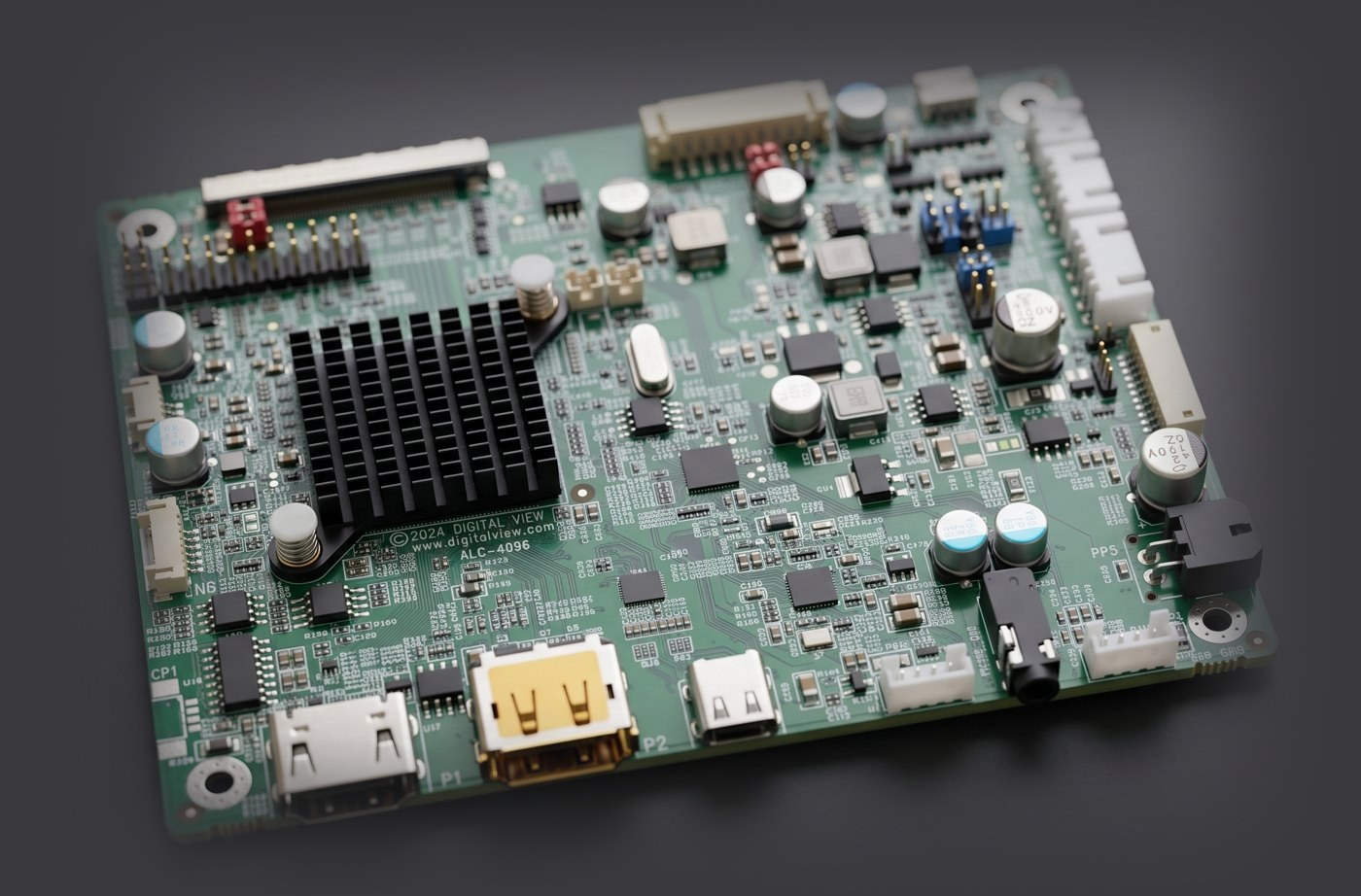 Digital View ALC-4096 LCD controller board, showing its HDMI and DisplayPort connectors, panel signal headers and heatsink